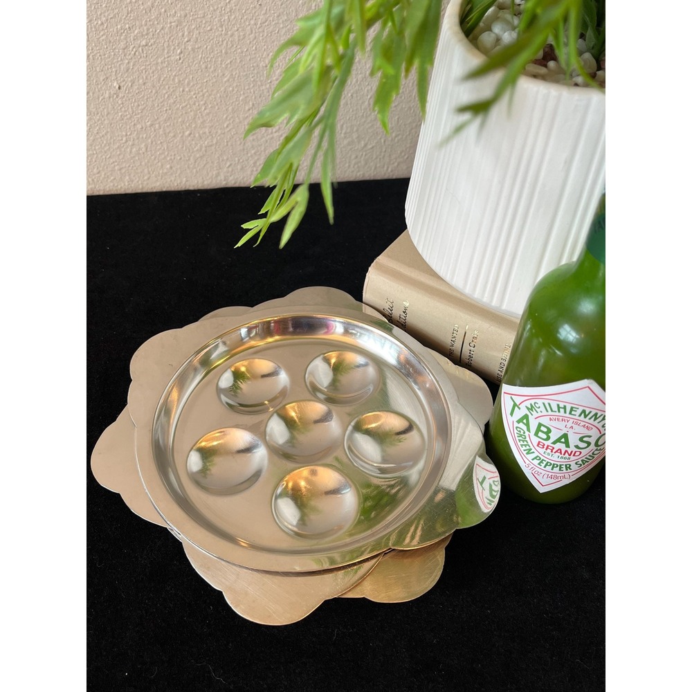 Vintage Escargot Plates Set of 4 Stainless Steel 6 Well Snail Dishes Korea 18/8